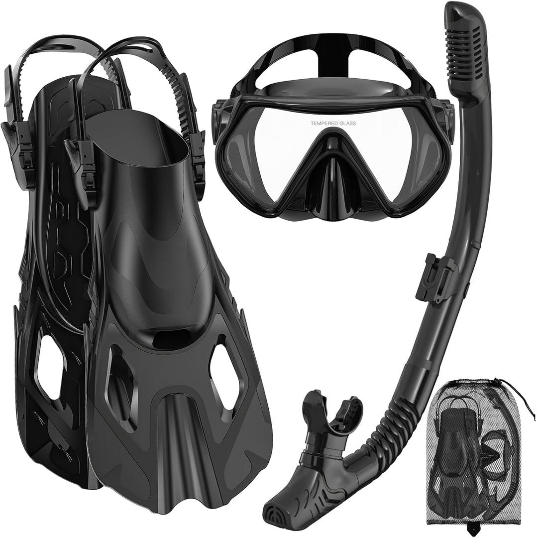 Snorkeling Gear for Adults, Mask Fin Snorkel Set, Dry Top Snorkel, Snorkeling Kit Travel Diving Package, Panoramic View Anti-Fog Anti-Leak Adjustable Swim Fins (Large-X-Large, Black)