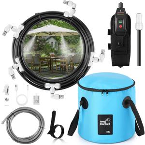 HappyAlley Portable Misting System, 23 FT Cooling Misters with Water Mister Pump 20 L Foldable Bucket 6 Mist Nozzles for Outdoor Patios, Golf Carts, Greenhouses, Canopy, Decks, Camping, Hiking