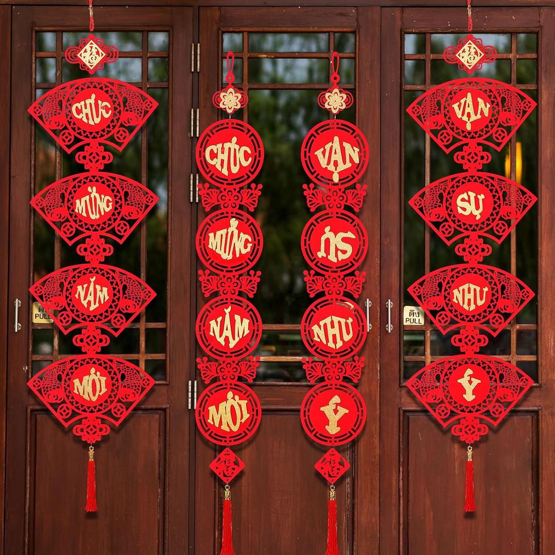 Vercraft 2 Set Vietnamese New Year Red Hanging Couplets 2026 Vietnamese Lunar New Year Decorations Spring Festival Banner Traditional Vietnam Door Sign(Traditional)