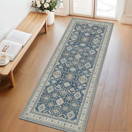 GENIMO Runner Rug for Hallways Machine Washable, 2x5 Non Slip Boho Vintage Lightweight Washable Runners, Thin Floor Rugs for Entryway Hallway Bathroom Laundry Room Corridor, Blue