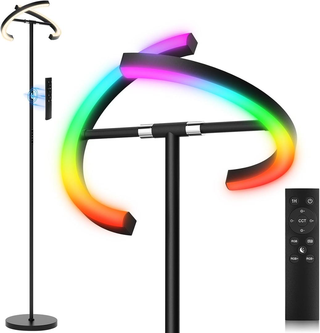 RGBCW Floor Lamp, Color Changing Standing Lamp, Modern Stepless Dimmable LED Floor Light Tall Lamp with Remote Control, 20W 3000-6000K Rotatable Floor Lamps for Living Room, Bedroom, Office, Black - RGB
