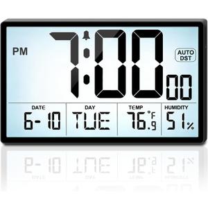 Adjustable Backlight 9'' Narrow Bezel Digital Wall Clock - Dual Power Supply(Batteries / Plug in), Temp/Humidity, Auto DST, Large 2'' Digits, 5-Level Volume Alarm - Wall Mount/Desktop for Home Office