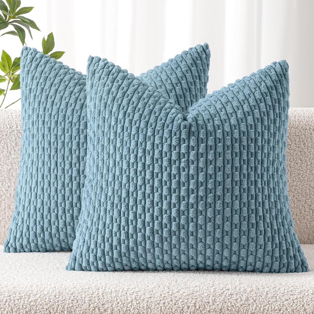 MIULEE Pack of 2 Decorative Throw Pillow Covers 18x18 Inch Soft Boho Striped Textured Corduroy Pillow Covers Modern Farmhouse Home Decor for Couch Bed Sofa Living Room Blue Grey