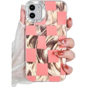 Compact for iPhone 11 Case Shiny Silver Larger Checkered Design Phone Case, Cute Trendy Soft Slim TPU Shockproof Protective Cover for Women Girls Aesthetic Glitter, Pink