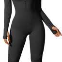 OQQ Women Yoga Jumpsuits Workout Ribbed Long Sleeve Zip Front Sport Jumpsuits (Small, Black)