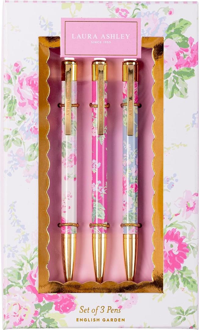 Laura Ashley English Garden Pen Set Elegant Refillable Ballpoint Pens with Floral Design & Gold Accents, Set of 3 in Decorative Gift Box Smooth Writing Pens for Office, School & Journaling