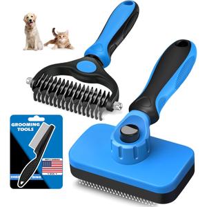 3PCS Self Cleaning Slicker Brush & Pet Grooming Rake & Flea Comb for Dogs, Cats and Horses | Skin Friendly Deshedding Grooming Tool & Double-Sided Dematting Comb | Premium Pet Supplies (Blue)