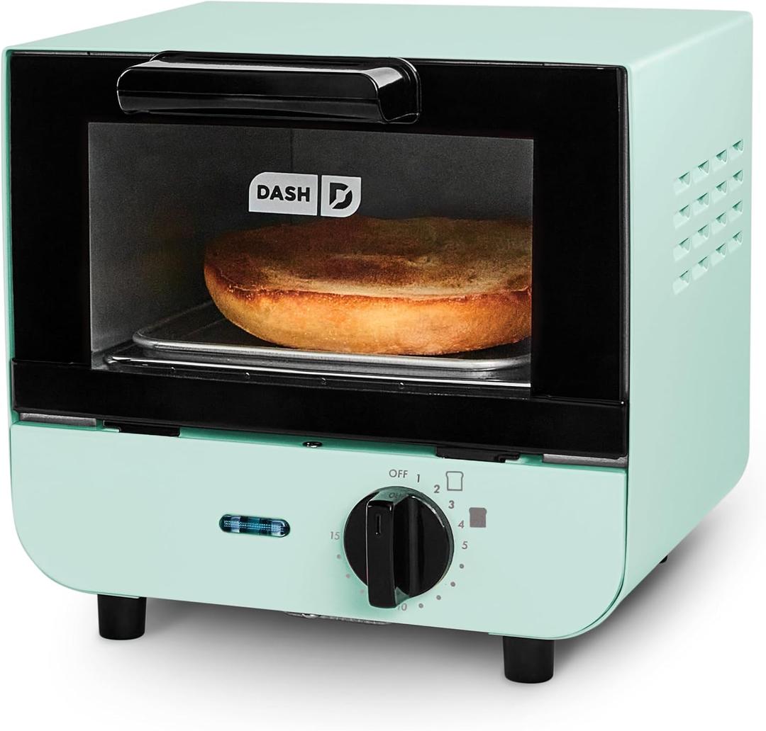 Dash Mini Toaster Oven - Sleek & Stylish - For Creative Homemade Treats - Compact, Space-Saving Design - adjustable temperature dial - Removable Baking Tray - Aqua, + Auto Shut Off Feature