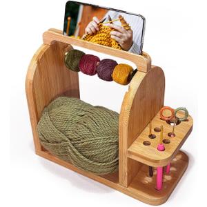 Yarn Holder for Crochet Accessories Durable Bamboo Wood Knitting Accessories Yarn Storage Organizer with Built-in Phone Stand Tangle-Free Dual Rods and Tool Holder Works with Skein, Cake, Ball