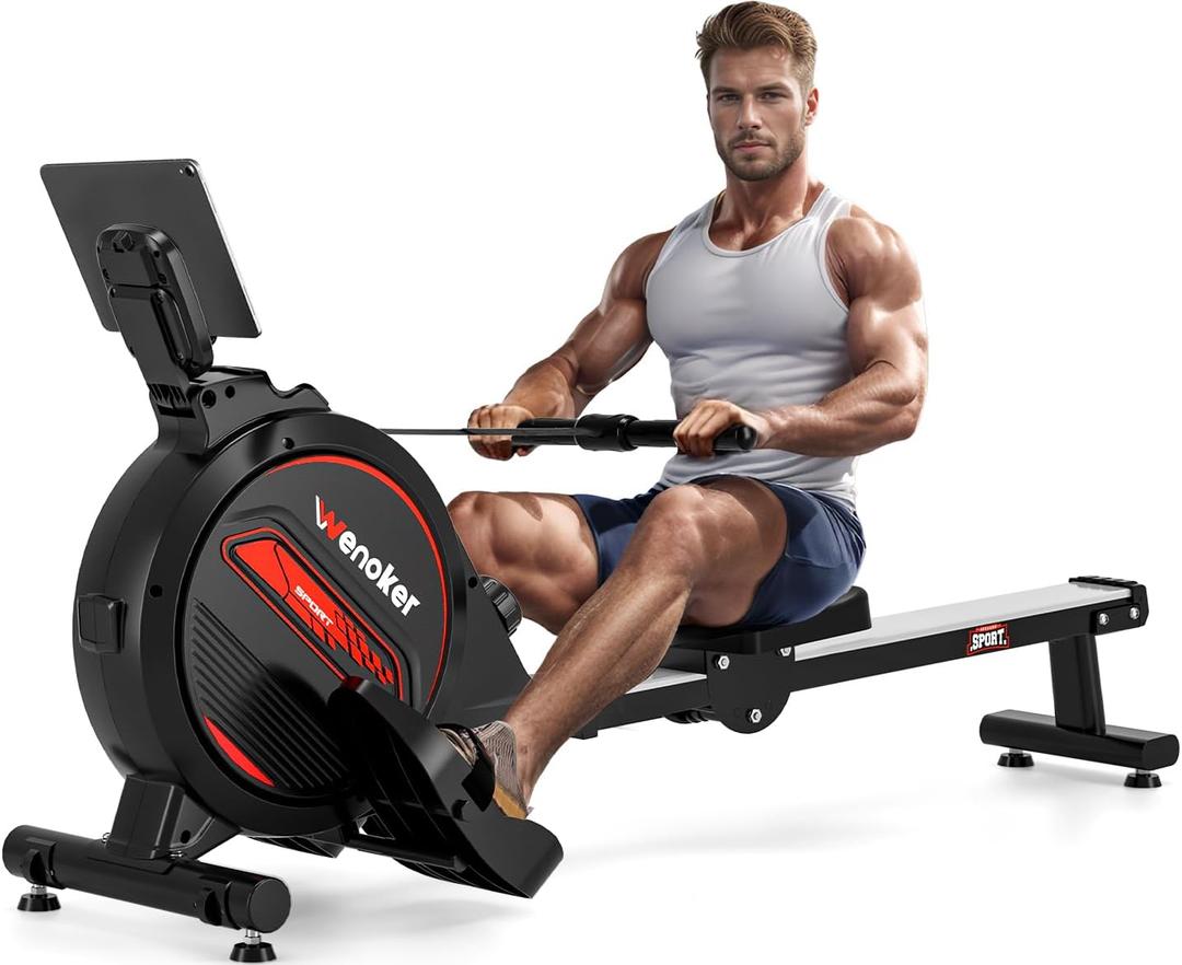 Rowing Machine,Wenoker Magnetic Rower Machine for Home,App Supported 350 LB Weight Capacity, Smooth Whisper Quiet with LCD Monitor Tablet Holder & Comfortable Seat Cushion, Compact and Saves Space (Black Red)
