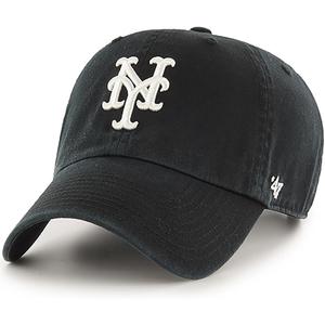 47 Brand MLB Black White Primary Logo Clean Up Adjustable Baseball Cap Hat, Adult One Size Fits All (New York Mets)
