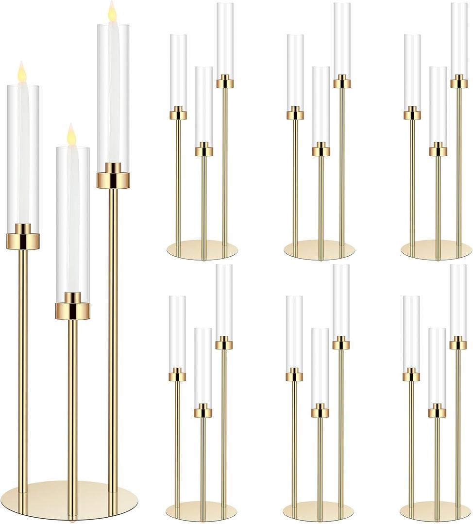 Layhit 6 Set Wedding Gold Candelabra Centerpieces for Tables, 3 Arm Tall Acrylic Candle Holder Centerpiece with Clear Shades for Reception, Party, Dining Decor, Anniversary, Fits 0.87" LED Candles