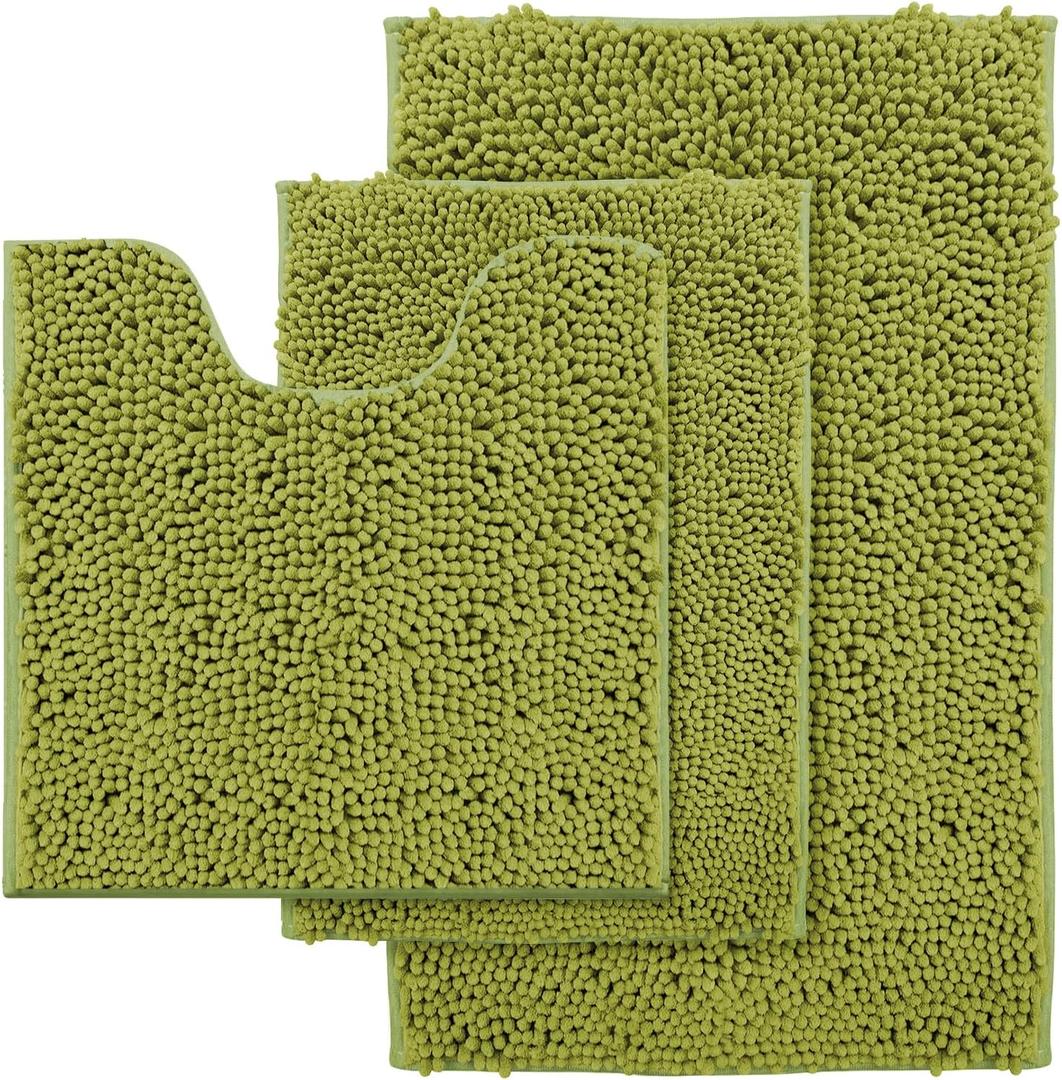 Lime Green Bathroom Rug Set - Extra Soft 3 Piece Anti-Slip Bath Mats, Plush Chenille Shaggy Mat for Living Room, Bedroom, Floor - Water Absorbent Soft Rug