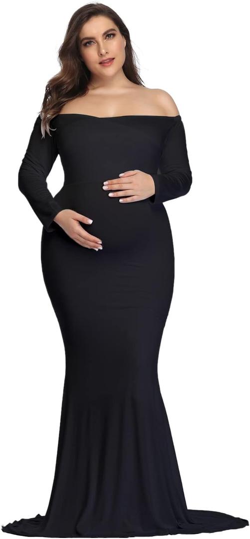 YnimioAOX Maternity Photoshoot Dress Long Sleeve Elegant Maxi Photography Dress Slim Stretchy Gowns (Black, XL)