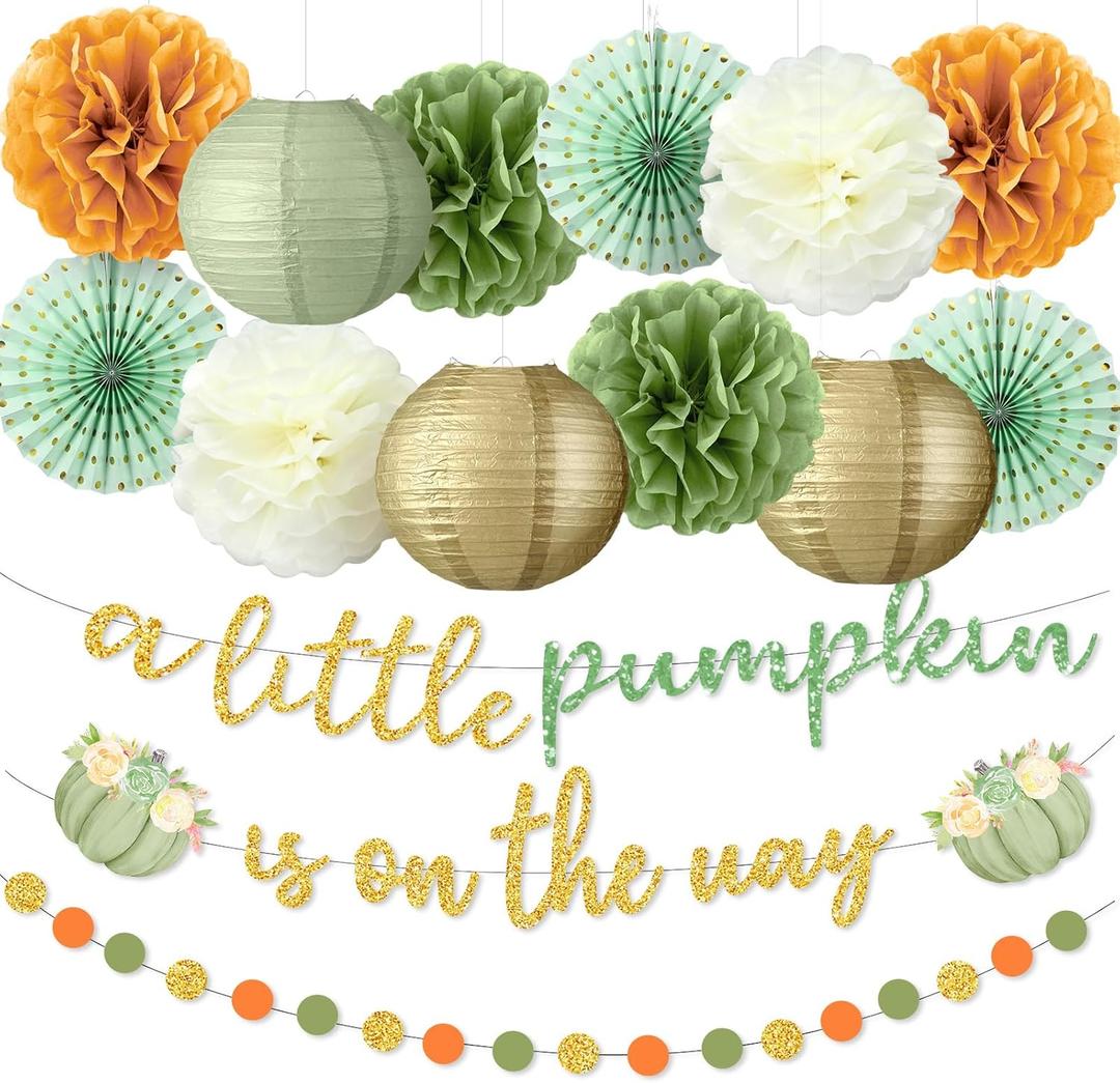 Pumpkin Fall Thanksgiving Baby Shower Decoration 15 Pcs a Little Pumpkin is on The Way Banner Tissue Pom Poms Paper Lantern Fan for Birthday Baby Shower Gender Reveal Party Decor(Green)