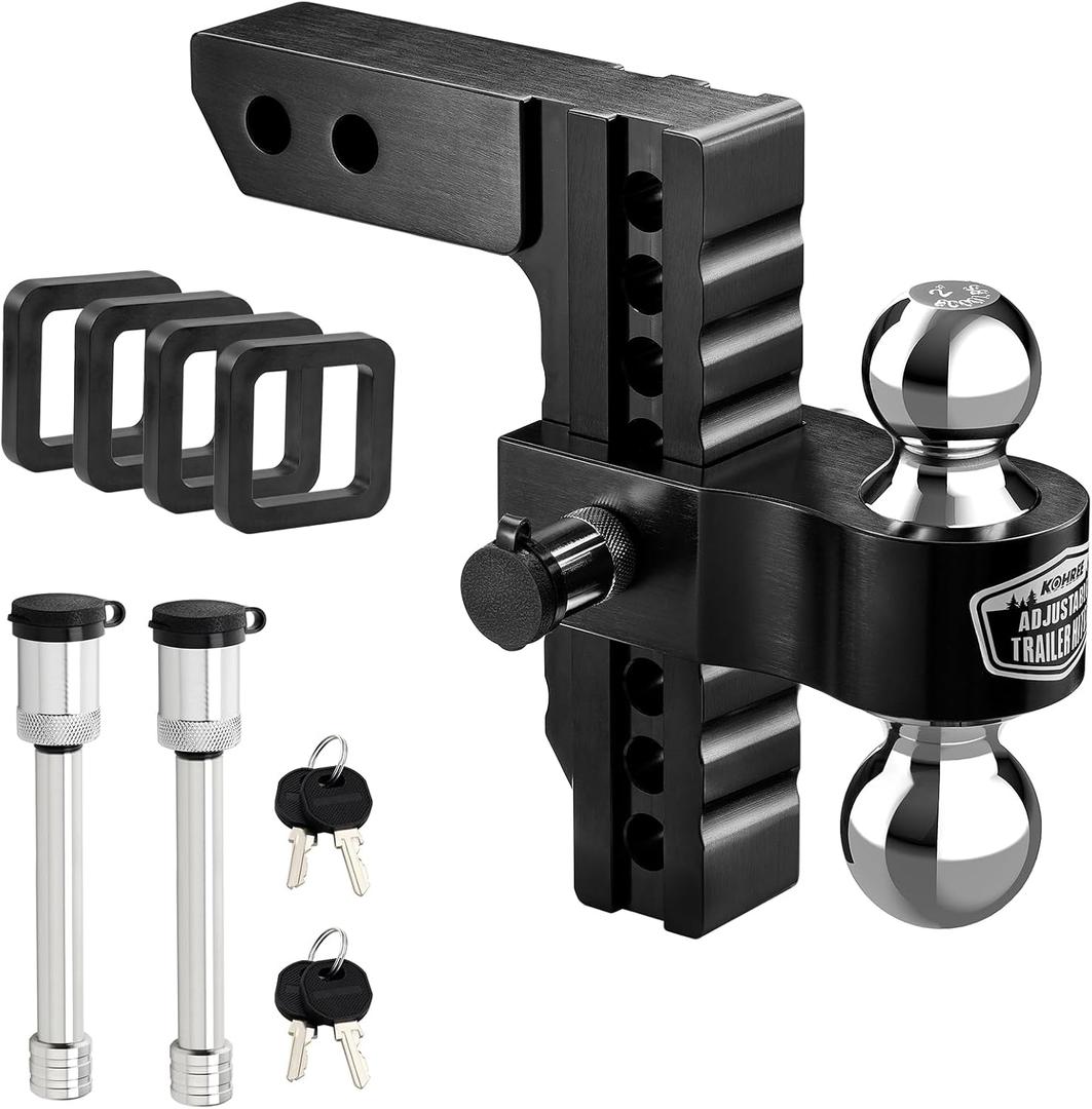 Kohree Adjustable Trailer Hitch Fit 2 Inch Receiver, Dual Solid Ball 2" and 2-5/16"(12,500 LBS GTW), 8" Drop & Rise Heavy Duty Aluminum Tow Hitch with 4 Silencer Pads & 2 Locking Hitch Pin, Black (Black - 8" Drop Hitch)