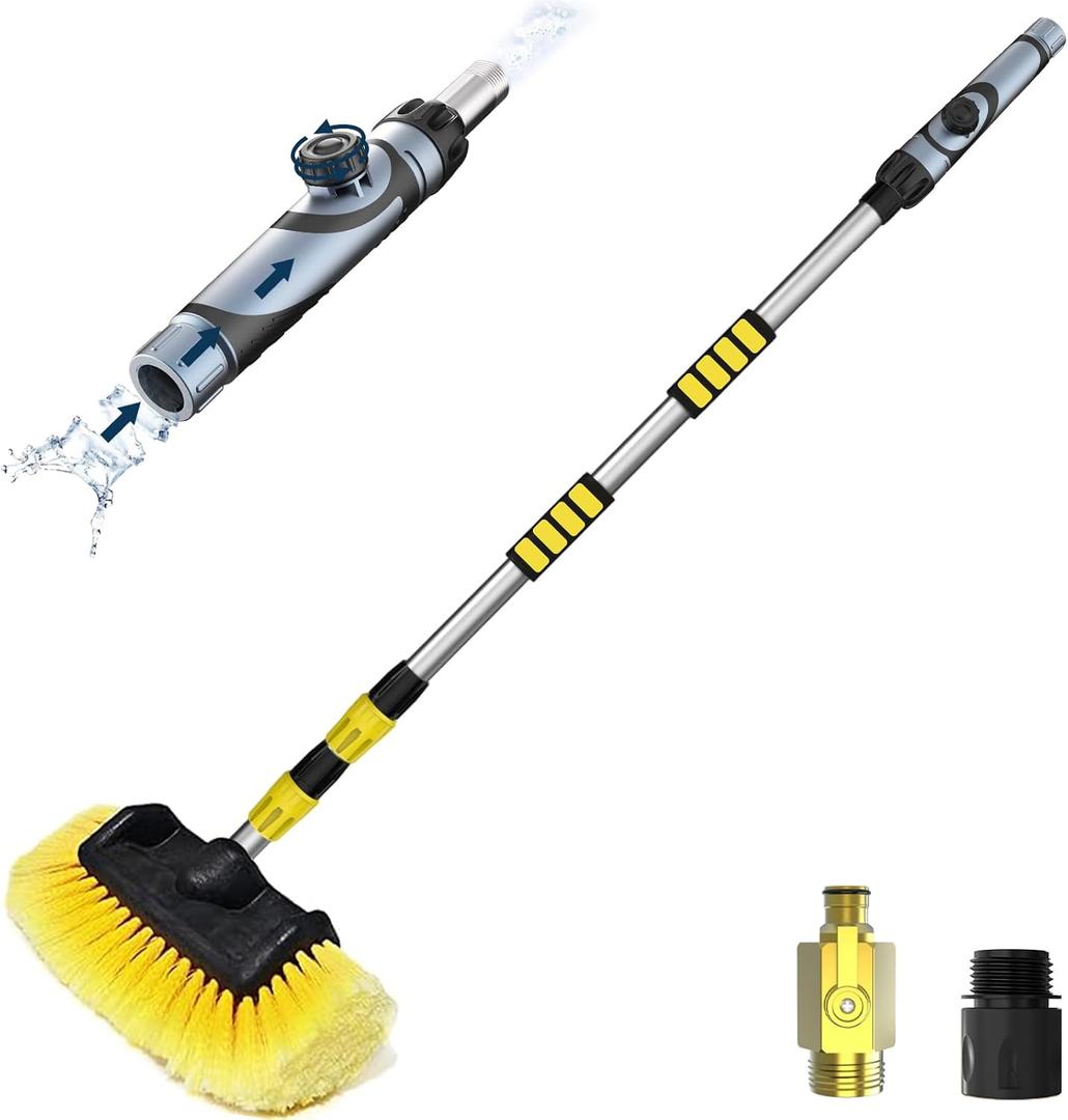 SISUPASSIE 12FT Car Wash Brush with Long Handle, Telescopic Car Wash Brush with Soap Dispenser, 12-Inch Soft Bristle Car Cleaning Brush for Cleaning Car, RV, Truck, Boat, Solar Panels, Yellow