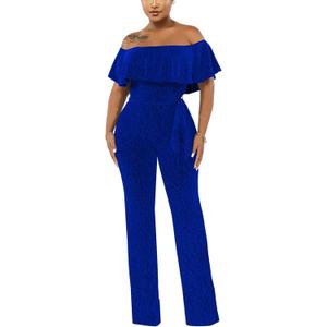 Women's Sexy Sparkly Classy Jumpsuits Casual Off Shoulder Loose Wide Leg Pants Clubwear Party Rompers (Blue), Small