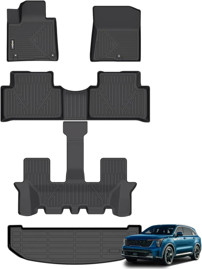 GINOWY-Floor Mats & Cargo Liner Set for Kia Sorento 2021-2025 (for Gasoline Models), All Weather Car Mats Sorento Cargo Trunk Mat Trunk Liner TPE Rubber Liners Car Accessories Floo Mat Black