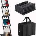 Brochure Display Stand Foldable Magazine Rack, Metal Brochure Holder Literature Rack with Carrying Bag, 4 Pockets Literature Stand for Exhibition Trade Show and Office Retail Store, Black