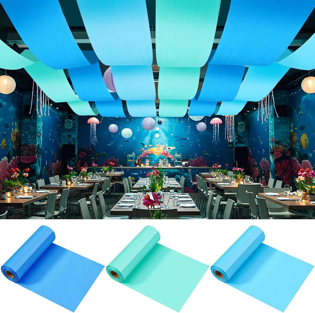 3 Roll 32 Inch x 66 Feet Ocean Ceiling Curtain Under The Ocean Themed Birthday Party Decorations Blue Ceiling Decorations Plastic Sea Table Cover for Under Water Birthday Party Backdrop