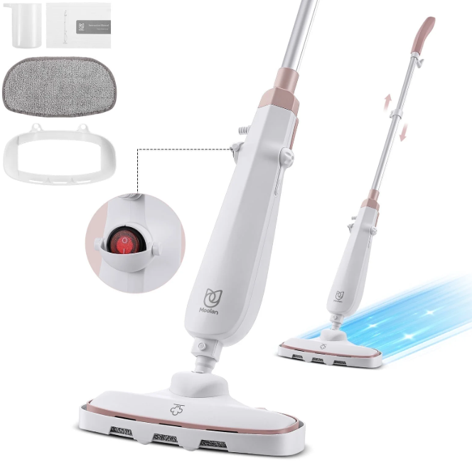 Moolan Steam Mop - All-in-one Powerful Handheld Steam Cleaner Detachable Floor Steamer with 7 Accessories, MultiPurpose Steamer for Hardwood Floors, Clothes,Windows,Tiles,Carpet, Whole Home Use,White