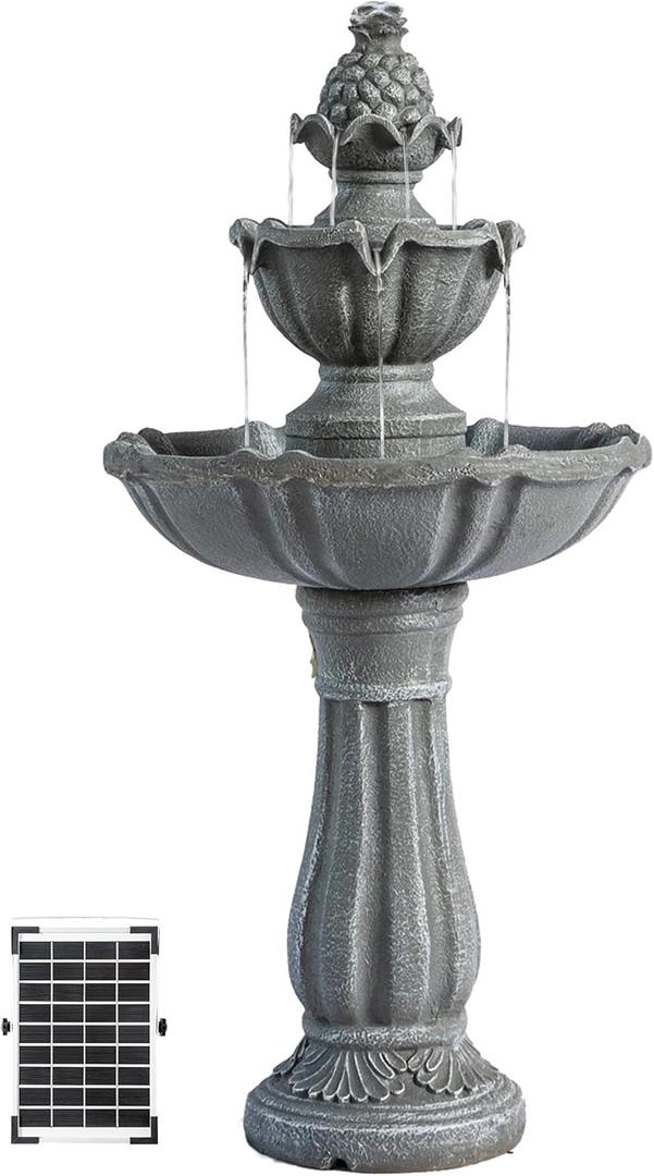 XBrand 36.2'' Solar Water Fountain, 2-Tier, Grey Resin, Outdoor, with Solar Panel & Solar Pump for Home Garden Yard Decor, (AM2167)