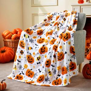Joiedomi Halloween Throw Blanket - Soft Plush Spider Webs Bat Pumpkin Blanket - Cozy Flannel White Halloween Decoration for Party Sofa Bed Living Room 50"x60"