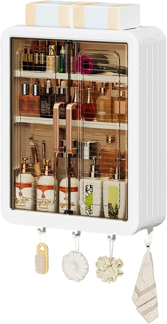 DASITON Wall Mounted Large Capacity Makeup Organizer,Dustproof Cosmetic Organizer,Bathroom Organizers and Storage,Skincare Organizers for Vanity,Bedroom(White 01)