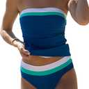 Beachsissi Bandeau Swimsuits for Women Strapless Swimwear Bathing Suits Tummy Control Color Block Tankini Sets (Large, Blue)