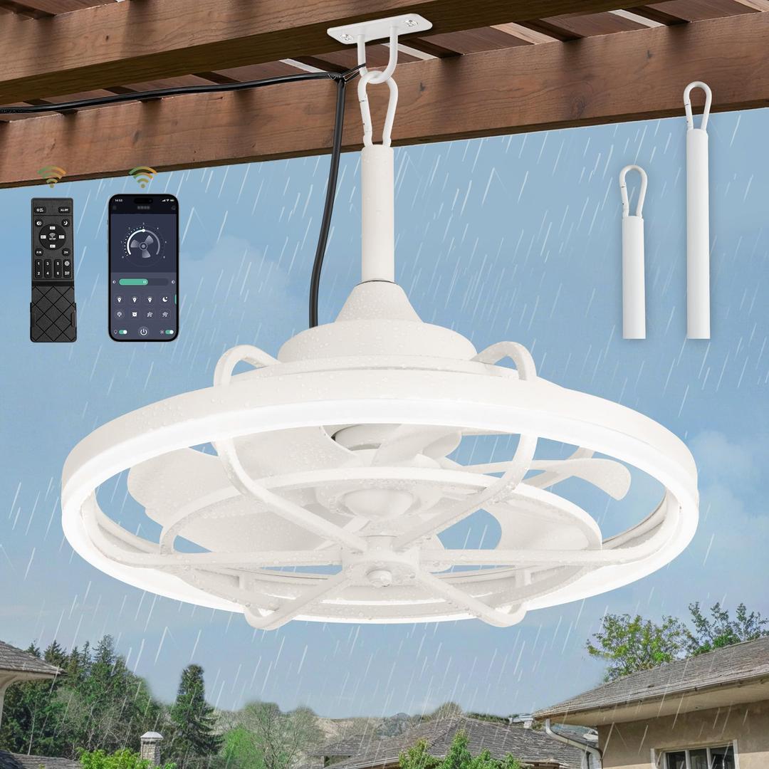 Outdoor Ceiling Fan with Light for Patios, 20" Waterproof Gazebo Fan with Remote&App Control Plug in Caged Ceiling Fan with Hanging Hook, 3CCT Dimmable 6 Speeds DC Motor for Porch Pergola (White)