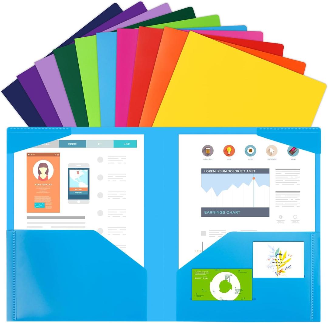 EOOUT 100pcs Plastic Folders with Pockets, Heavy Duty Pocket Folders with 4 Pockets for Office and School, Letter Size, 10 Assorted Colors