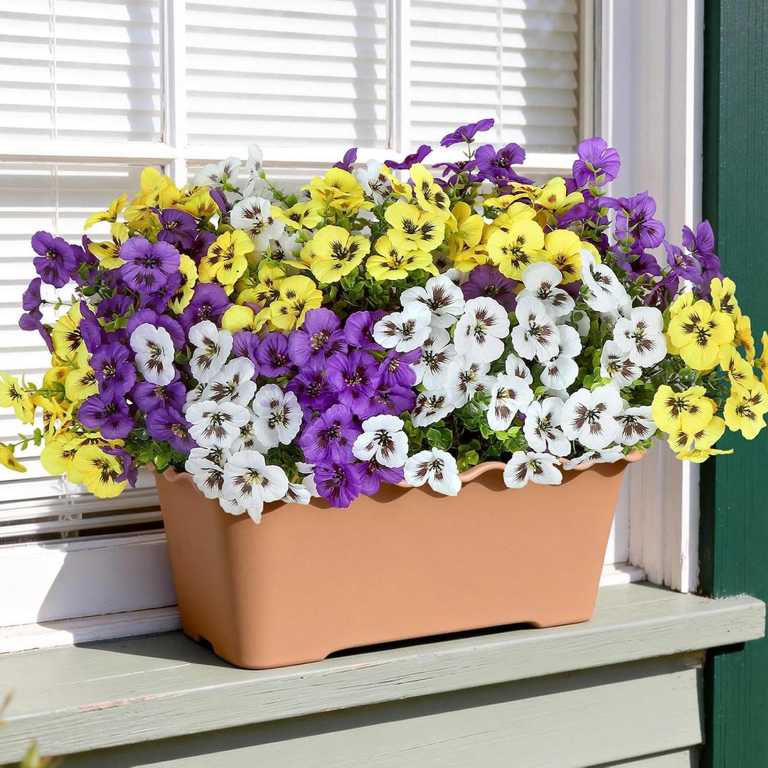 18 Pcs Artificial Flowers for Outdoors, UV Resistant Faux Silk Pansy Flowers, Spring Summer Fake Flowers Plants for Front Porch Yard Patio Planter Garden Home Decor (Purple, Yellow, White)