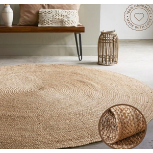 FRELISH DECOR Handwoven Jute Area Rug - 6 feet Round - Natural Yarn - Rustic Vintage Beige Braided Reversible Rug - Eco Friendly Rugs for Bedroom - Kitchen - Living Room - Farmhouse (6' Round)