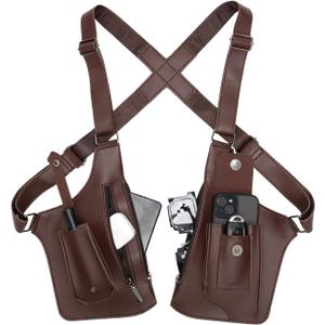 Double Shoulder Armpit Bag for Men, Fashion Leather Double Shoulder Straps Holster Wallet Adjustable Oxford Cloth Underarm (Brown)