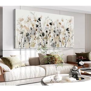 Abstract Floral Canvas Wall Art Grey Cream White Grass Flowers Canvas Pictures Modern Landscape Painting Botanic Artwork for Living Room Bedroom Kitchen Office Wall Decor Ready to Hang 20" x 40" (40L" x 20W", Cream White Wildflowers)