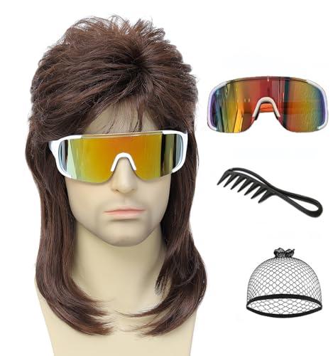 Traqur Men's Mullet Wig 70s 80s Retro Brown Cosplay Wig for Halloween Party Fancy Dress Costume Accessory (Medium Brown)