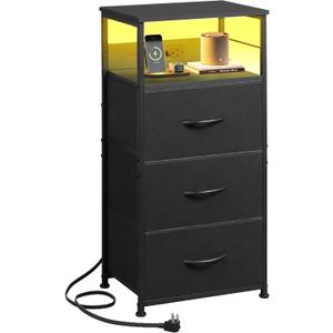 WLIVE LED Nightstand with Charging Station, Black Night Stand with 3 Fabric Drawers and Storage Shelf, Small Dresser for Small Space, 31.9" H Bedside Table with USB Ports and Outlets for Bedroom