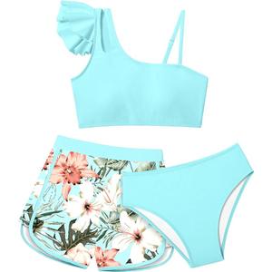 3 Piece Bathing Suit Criss Cross Bikini Set Girls' Swimwear with Shorts 7-16T