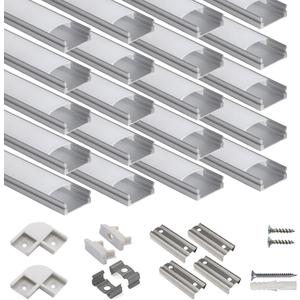20-Pack 3.3ft/1Meter U Shape LED Aluminum Channel System with Milky Cover, End Caps and Mounting Clips, Aluminum Profile for LED Strip Light Installations, Very Easy Installation