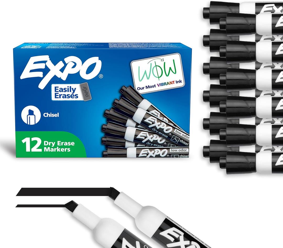EXPO Dry Erase Markers, Low Odor Ink, Black, Chisel Tip, 12 Count - Whiteboard, Calendar, Organization, Essential Supplies for Office, School, Classroom, Teachers