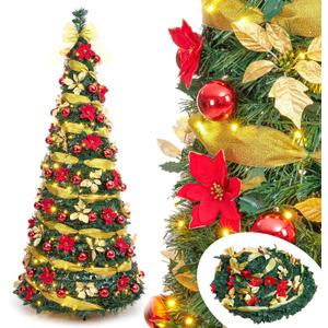Decoway Pre Lit Pre Decorated Christmas Tree Pop Up with Remote Control, with Warm White & Colorful LED Lights,Holiday Party Decorations,Red Gold (6FT, Surround Ribbon)
