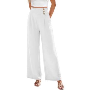 EVALESS Womens High Waisted Button Pleated Wide Leg Pants Beach Vacation Trouses (Medium, White)