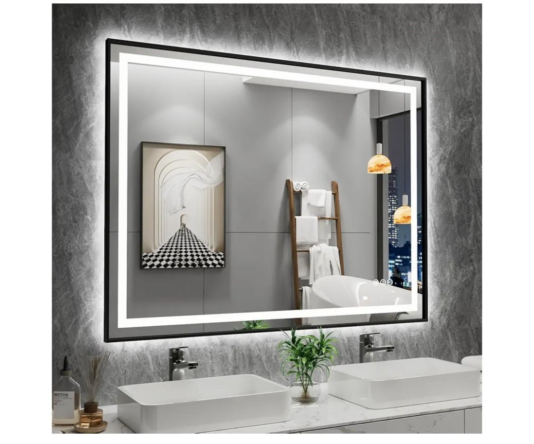 Amorho LED Bathroom Mirror with Black Frame, Front Light and Backlit, Stepless Dimmable, Anti-Fog, Shatter-Proof, Memory, 3 Colors, Double LED Vanity Mirror