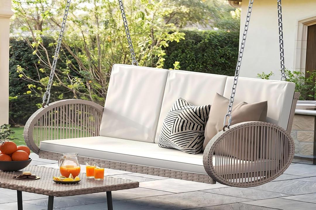 YITAHOME Outdoor Porch Swing, 3-Seater Patio Swing Chair with 4 Comfort Cushions, Sturdy Iron Frame, 800lbs Capacity, Wicker Hanging Bed for Backyard, Garden, Patio, Bedroom (Beige)