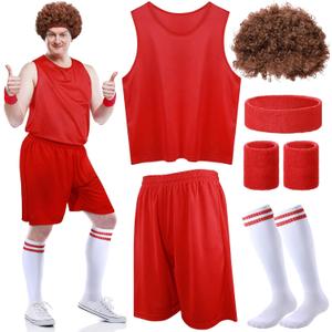 Liitrsh 6 Pcs Halloween 80s Men Workout Costume Set Include Tank Top Shorts Wristband Sweat Headband High Tube Socks Afro Wig (Medium)