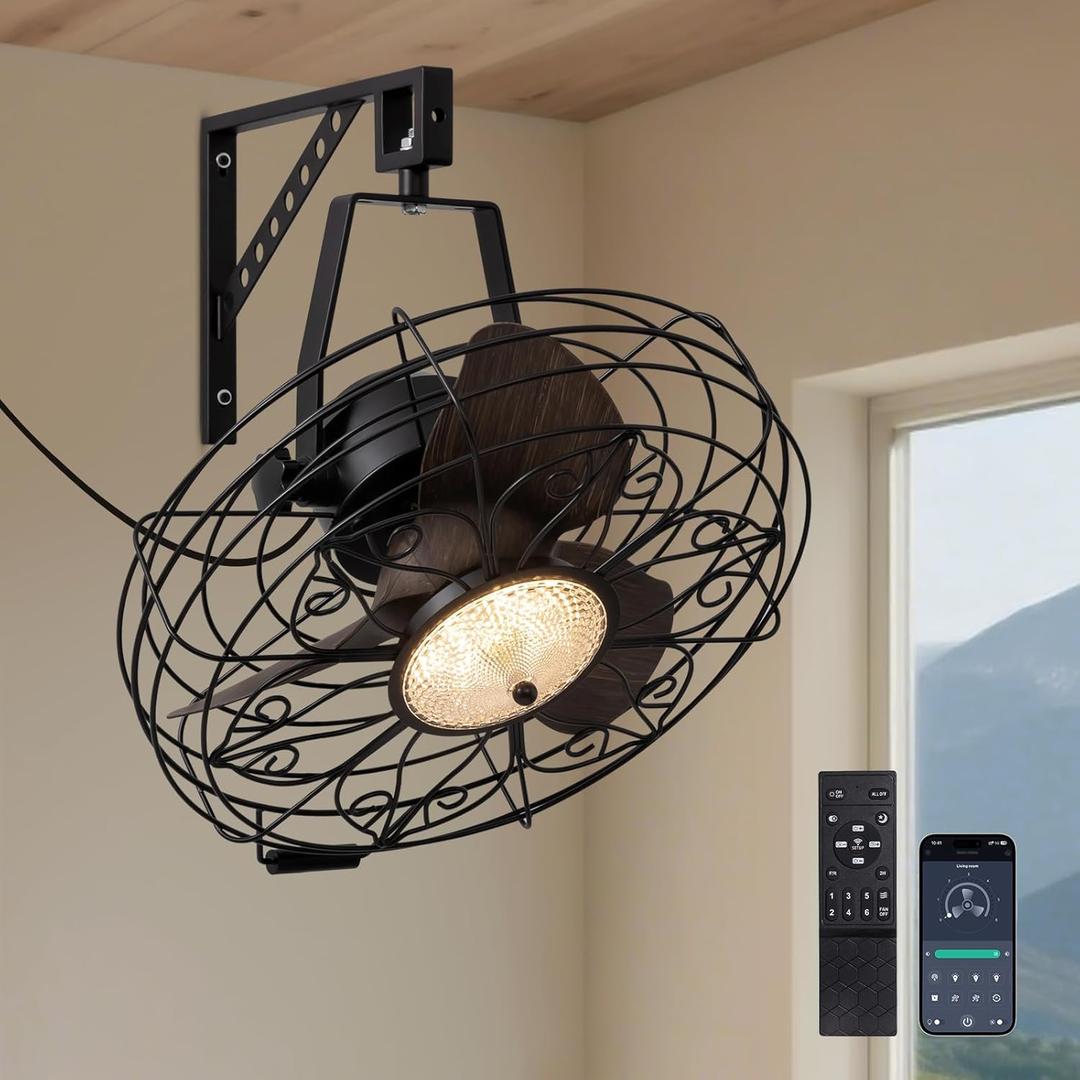 CROSSIO 20 Inch Wall Mount Fan, Adjustable Color Temperature and Brightness,6 Speed Wall Mounted Fan,360 Adjustable Tilt Plug in Ceiling Fan for Home,Warehouse, Patio,Garage