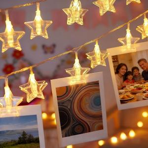 20 Photo String with Clips for Hanging Pictures,9.85Ft Valentine's Day Clear Star Photo Clip String Lights for Wall Bedroom Wedding Birthday Party Home Decorations (Star)
