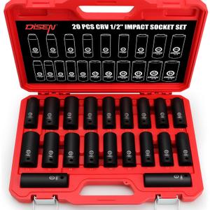 DISEN 20PCS 1/2" Impact Socket Set, Deep Sockets SAE 13/16"-3/8" & Metric 10-24mm, 6-Point Cr-V & Alloy Steel, 1/2 Inches Drive Impact Socket Set,Rugged Construction, Enhanced Storage Case