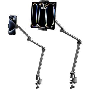 LULULOOK iPad Stand for Desk, Aluminum Alloy Arm Mount, Adjustable Holder Stand for iPad Pro 12.9/iPad mini Air, Samsung Galaxy, iPhone, Kindle, Portable Monitor Tablet 4.7"-13"(2 Clips) (Black)